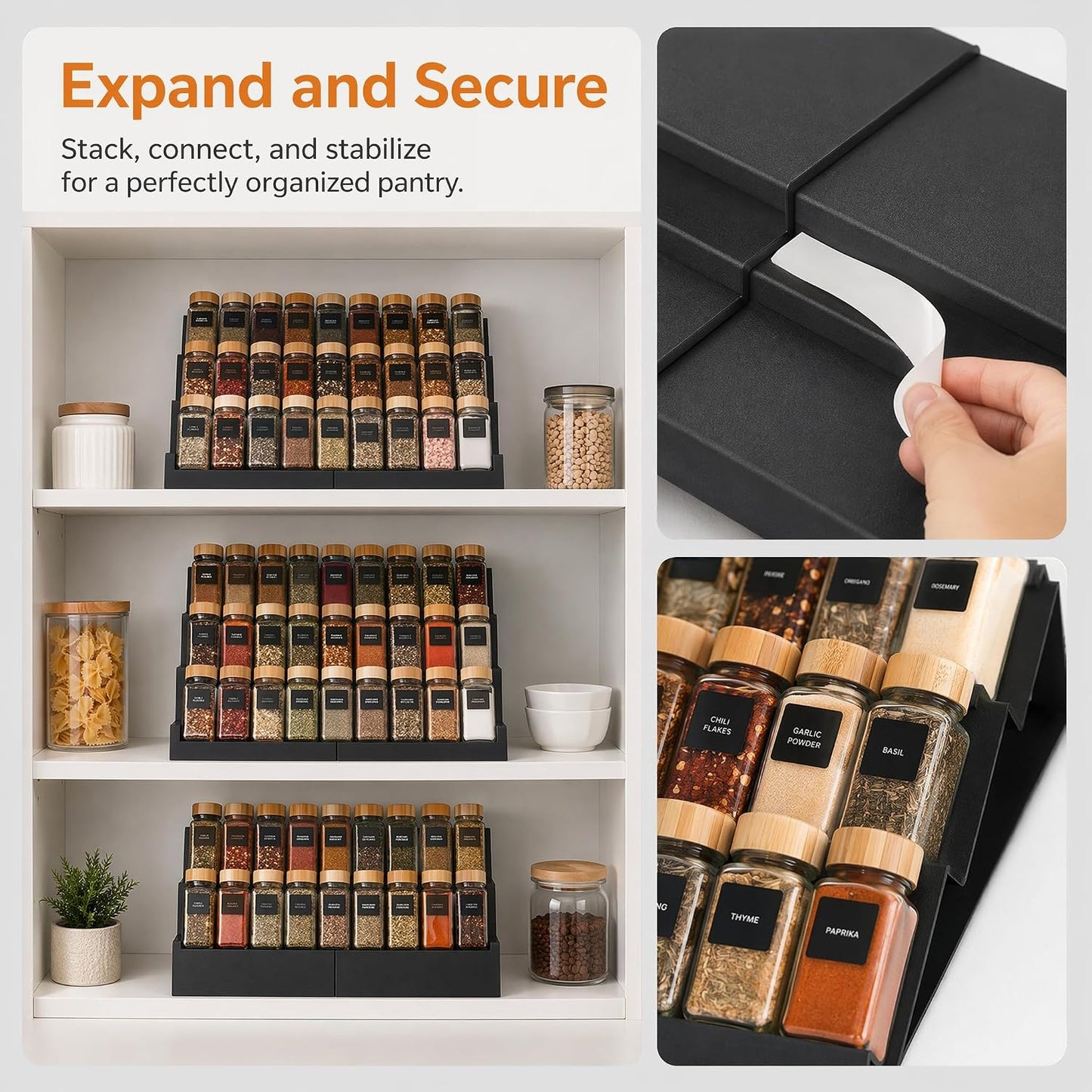 8 Pack Expandable Spice Drawer Organizer Tray Insert for Kitchen | Holds 32 jars, 4 tier steps, tool-free assembly, easy clean surface