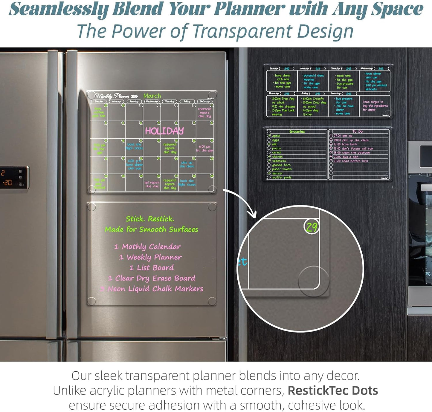 Clear Non-Magnetic Calendar Set for Fridge - Dry Erase Transparent Monthly and Weekly Calendar, List and Blank Whiteboard - Sticks to Wall, Glass, Door, Any Smooth Surfaces