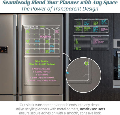 Clear Non-Magnetic Calendar Set for Fridge - Dry Erase Transparent Monthly and Weekly Calendar, List and Blank Whiteboard - Sticks to Wall, Glass, Door, Any Smooth Surfaces
