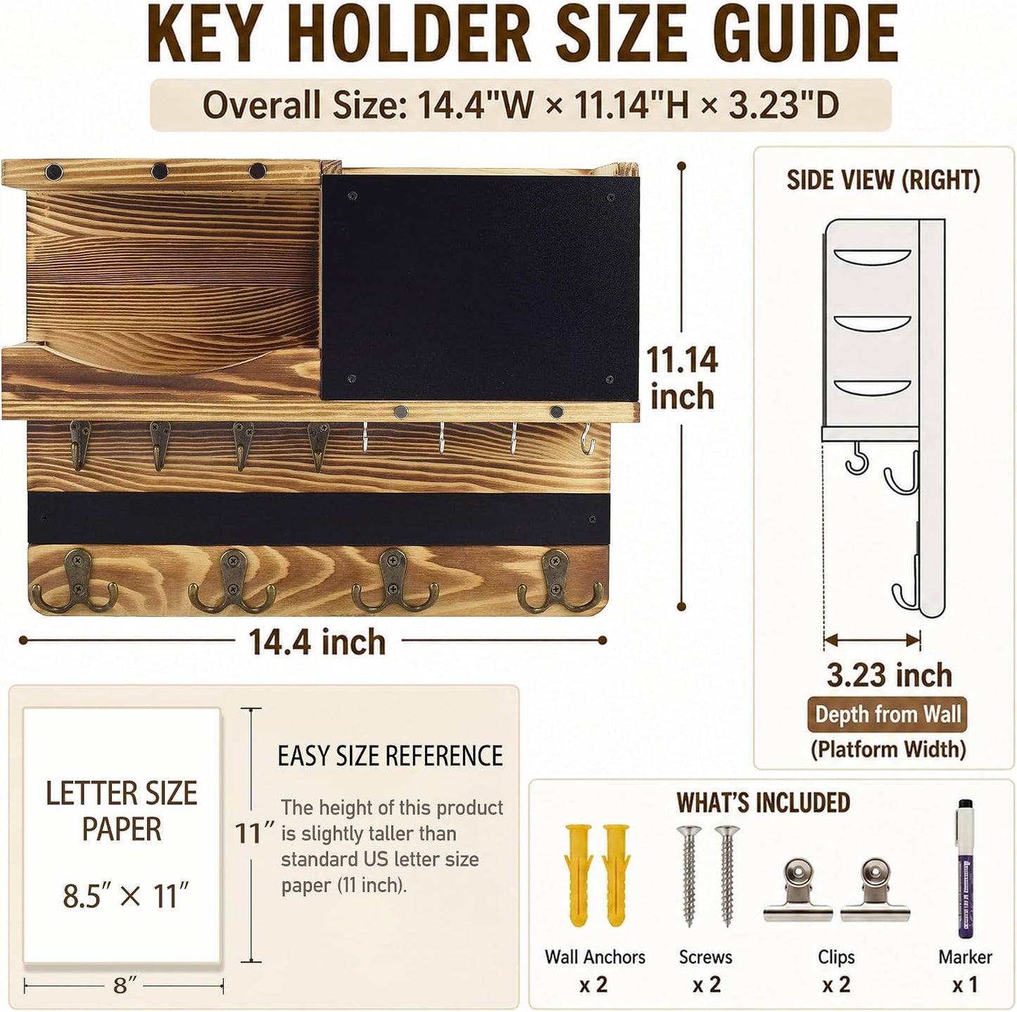 Key Holder for Wall Mount with Shelf and Mail Organizer, Key and Mail Holder with 16 Hooks, Farmhouse Entryway Organizer, Home Decor Rack (Pine Wood, White Washed)