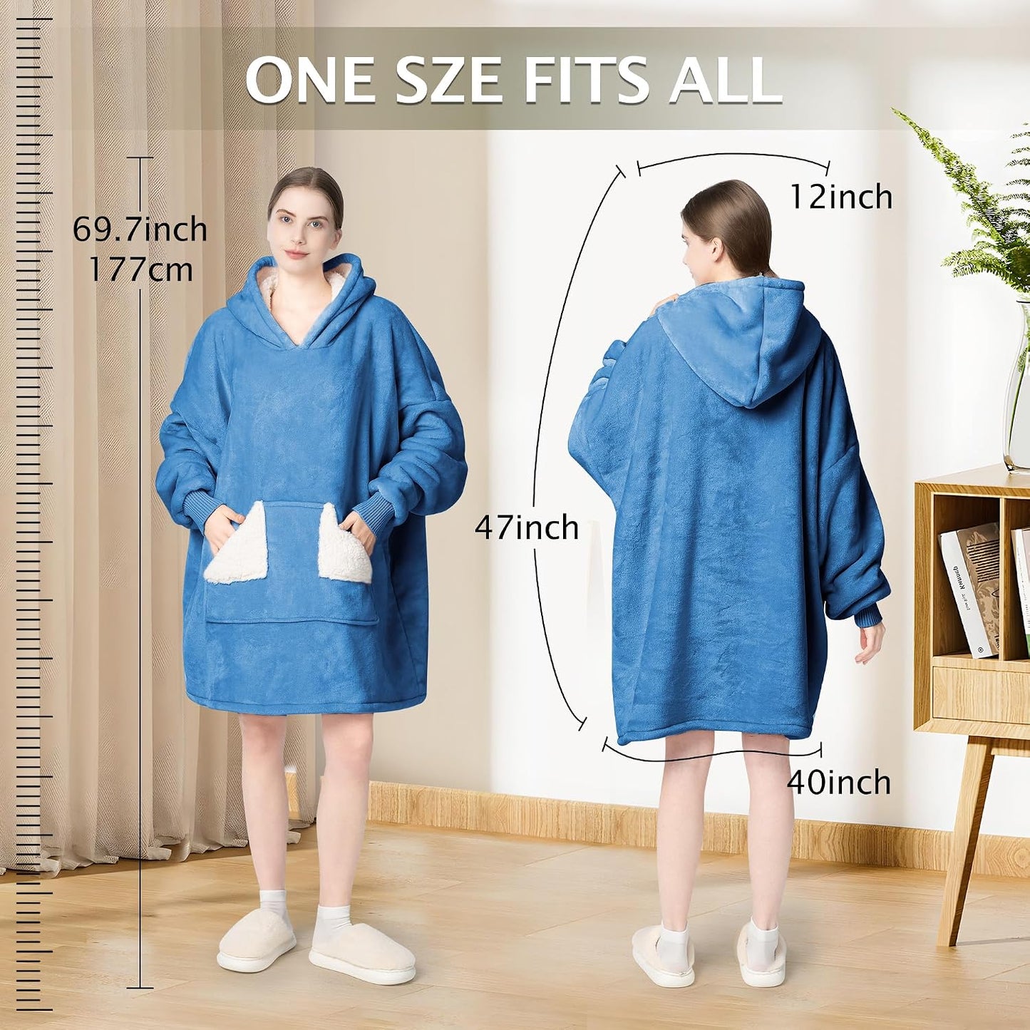 Wearable Blanket Hoodie, Oversized Sherpa Fleece Sweatshirt Blanket with Giant Hood Pocket and Sleeves for Adult, Warm & Cozy Grey Blanket Gifts for Women