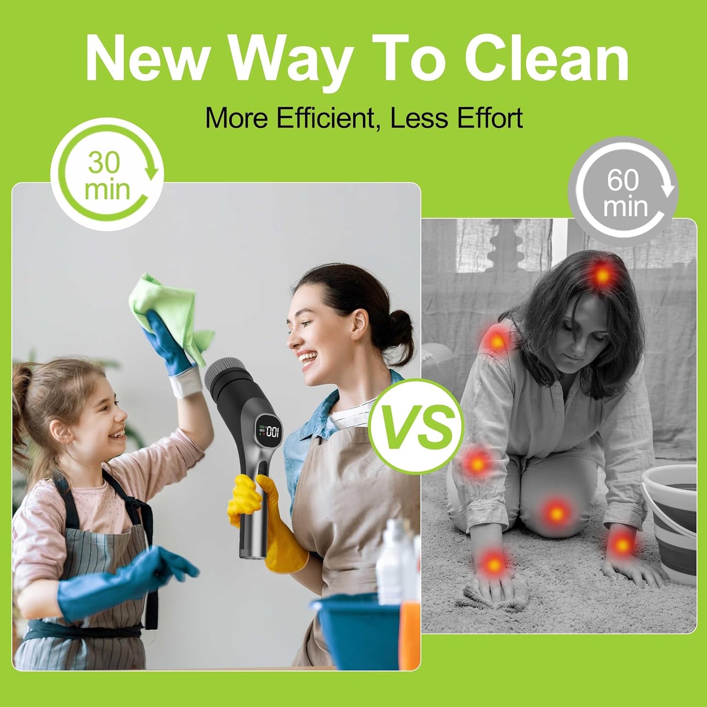 WKY-Electric Spin Scrubber - 10-in-1 Cordless Shower Scrubber & Cleaning Brush with Extendable Handle, 42 in-lbs Ultra High Torque, 2 Speeds, IPX7, LED Display, Smart AI Chip, for Bathroom, Kitchen