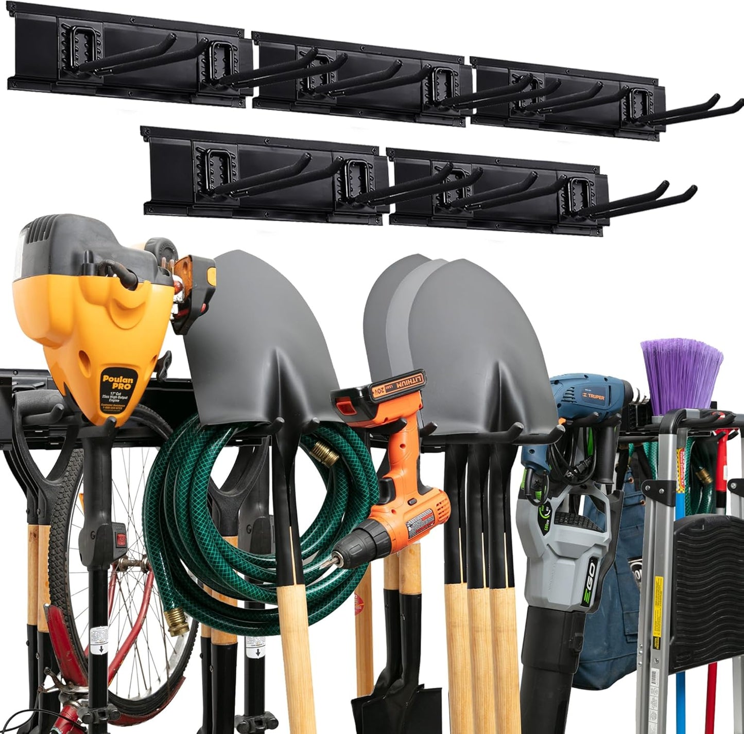 Garage Tool Organizer Wall Mount, 64", 4 Racks 8 Hooks, 400 lbs | 400 lbs, anti-rust carbon steel, garden tool organizer & storage rack for garage organization, shovels, rakes & tools