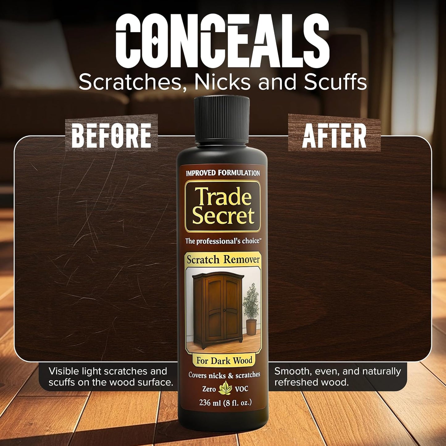 Trade Secret Scratch Concealer for Dark Wood Furniture & Floors – Dark Brown Shade Stain Covers Nicks, Scuffs, Dog & Cat Scratches, Minor Defects – Real Wood Only