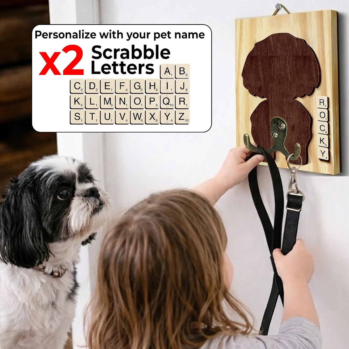 Dog Leash Holder Wall Mount, Pet Harness Hanger with Scrabble Letters, Dog Collar Organizer for Entryway, Memorial Cat Leash Holder for Wall, Pet Loss Gifts, Keepsake, Home Decor PF212-NAT