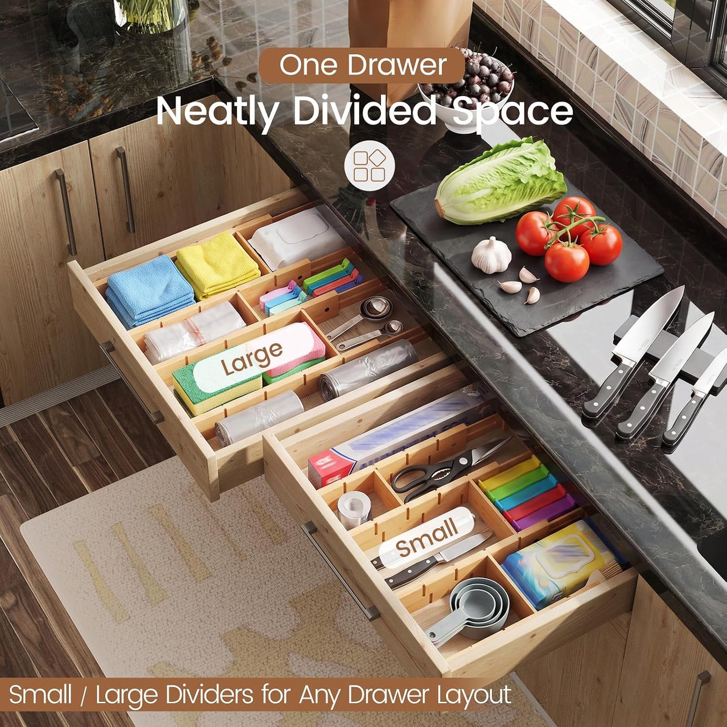 Bamboo Drawer Dividers 8 Pack with Inserts, Kitchen Adjustable Drawer Organizers for Home, Bedroom, Dresser, Expandable Organization 8 Dividers with 16 Inserts