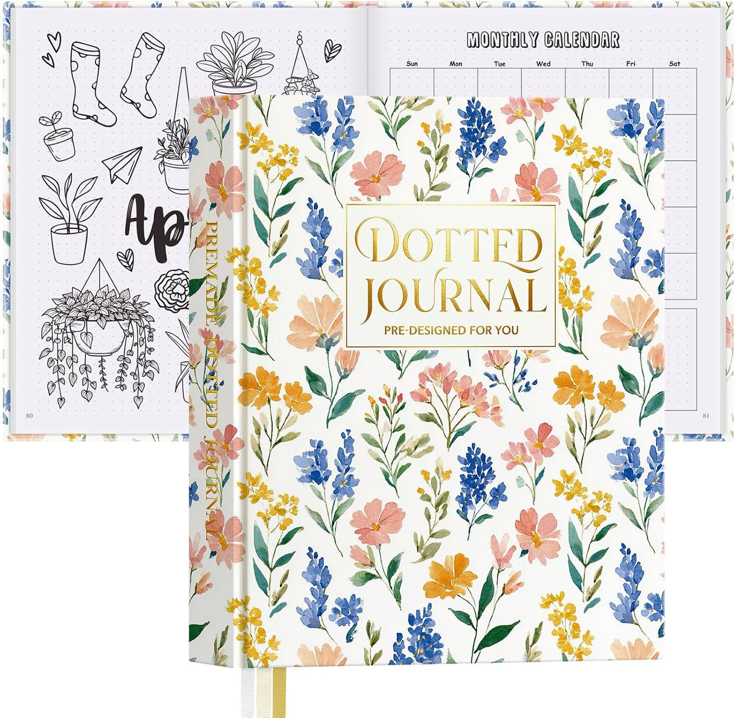 Everloria Premade Dotted Journal Notebook, 12 Months Pre-made Bullet Templates, 260 Hand-Drawn Coloring Pages, Undated Weekly & Monthly Planner, 7.8"x9.3" Leather Dot Grid Habit Mood Tracker