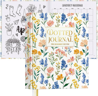 Everloria Premade Dotted Journal Notebook, 12 Months Pre-made Bullet Templates, 260 Hand-Drawn Coloring Pages, Undated Weekly & Monthly Planner, 7.8"x9.3" Leather Dot Grid Habit Mood Tracker
