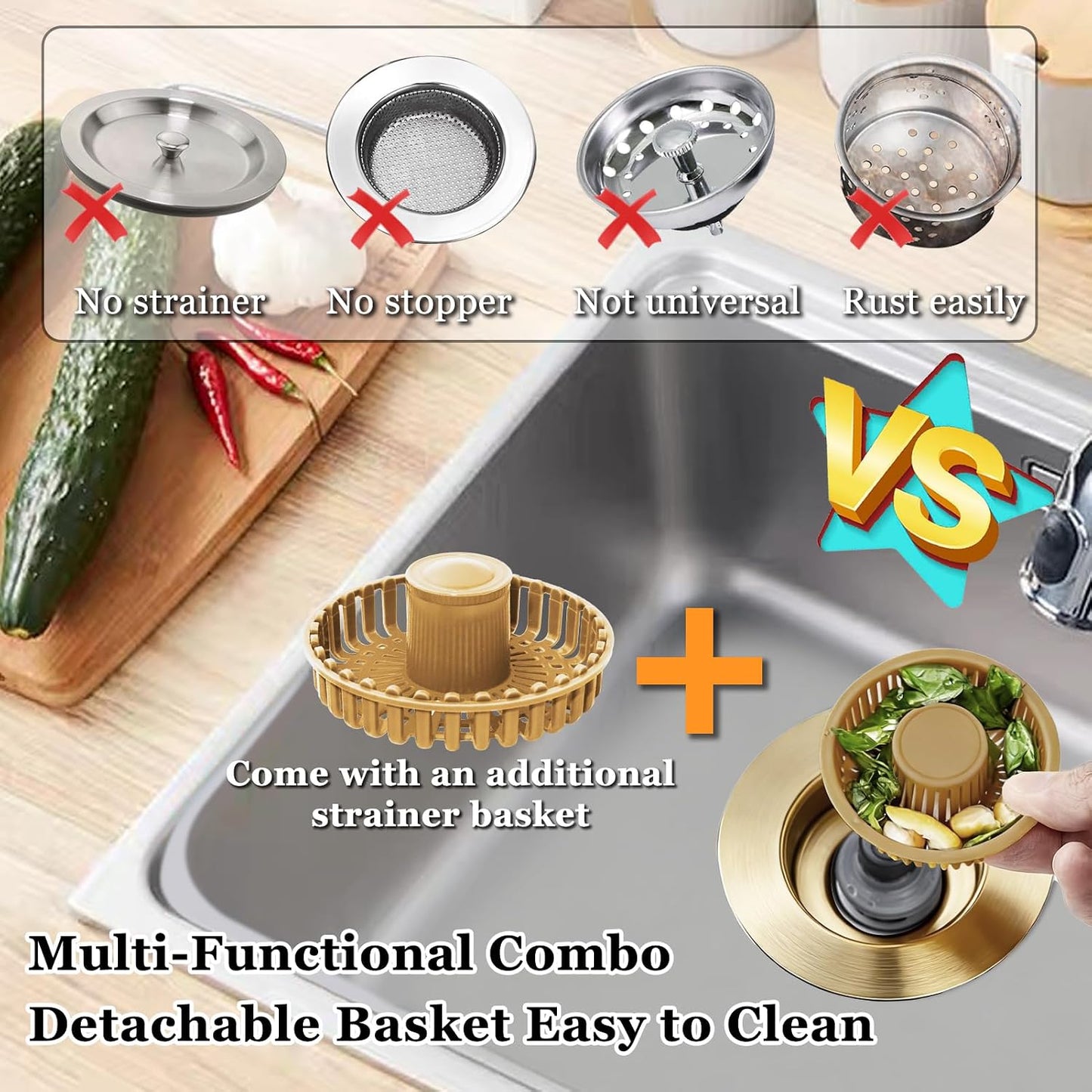 BAOLSLS 3 in 1 Kitchen Sink Stopper, Pop Up Kitchen Sink Drain Strainer | with An Extra Basket Strainer, Kitchen Sink Drain Stopper for US Standard 3-1/2 Inch, Chrome Silver