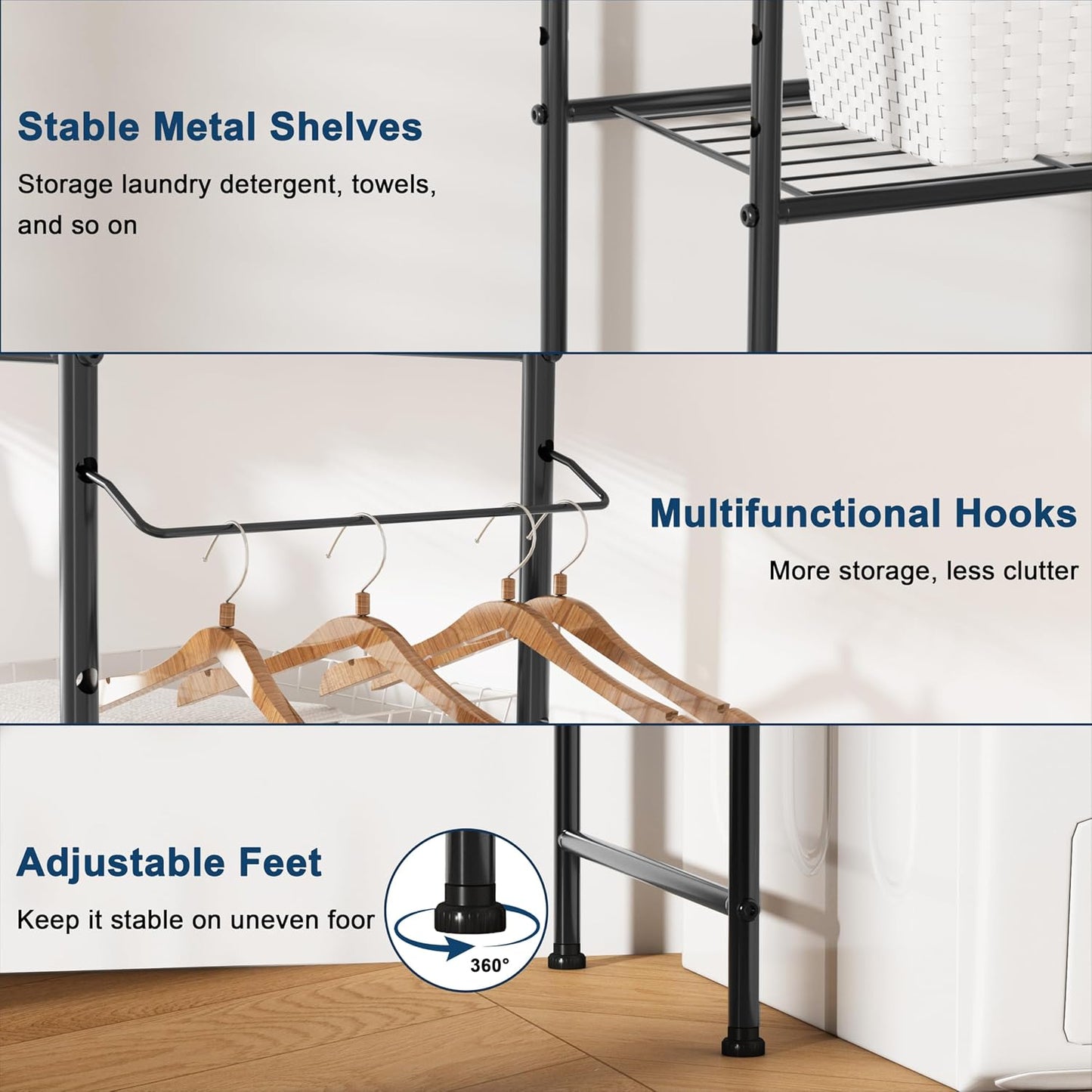 Laundry Room Storage Shelf & Organizer, 2 Tier Metal Over Washer and Dryer Shelves, Washing Machine Shelf with Hanger Rod, Expandable Bathroom Space Saver Shelf, 26–37" L x 15.8" W x 59.5" H, Black