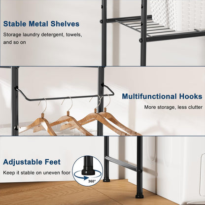 Laundry Room Storage Shelf & Organizer, 2 Tier Metal Over Washer and Dryer Shelves, Washing Machine Shelf with Hanger Rod, Expandable Bathroom Space Saver Shelf, 26–37" L x 15.8" W x 59.5" H, Black
