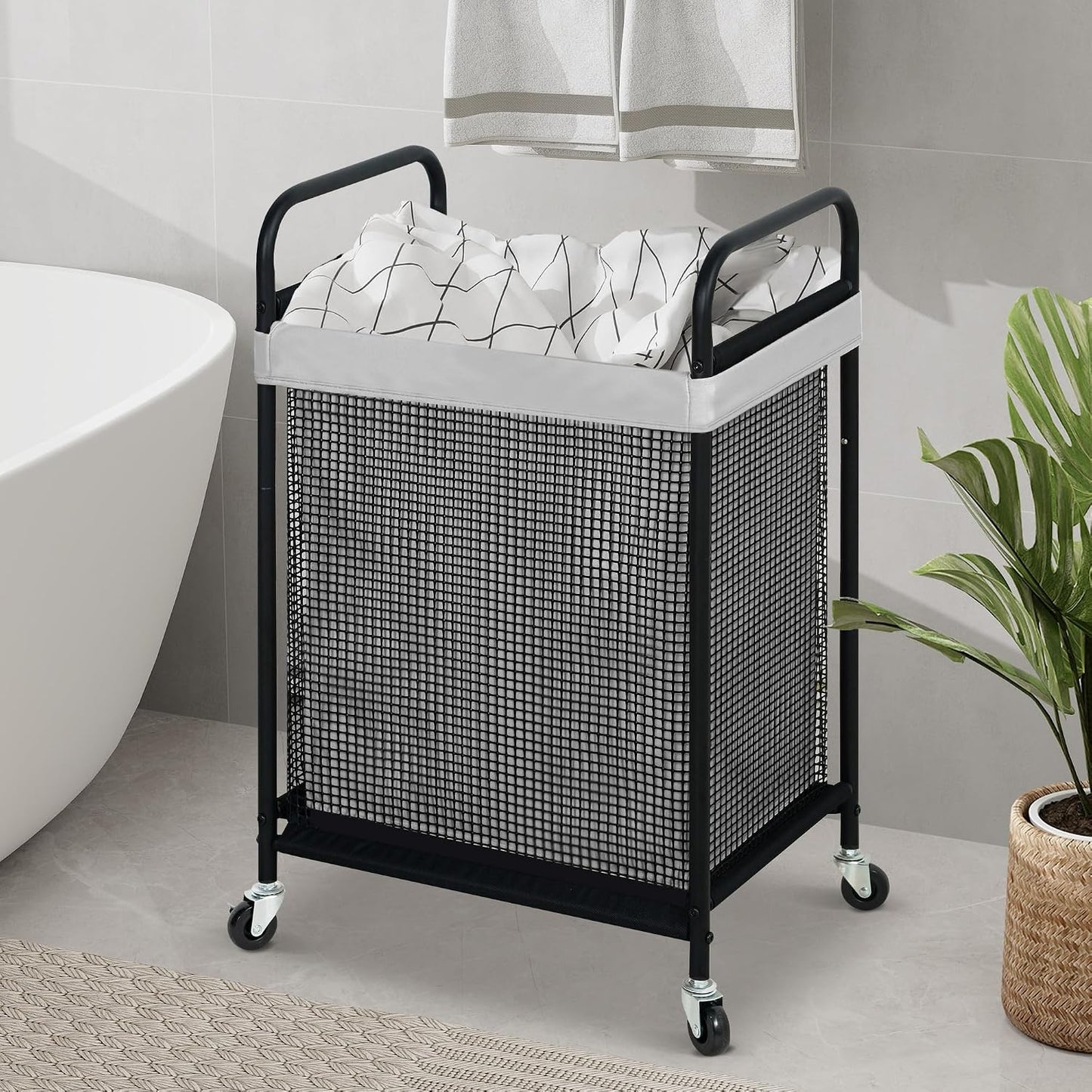 STO STO Laundry Hamper 2 Section, 100L Rolling Laundry Sorter Cart with Removable and Washable Liner Bag, Clothes Hamper with Wheels and Metal Handle for Laundry Room and Bedroom