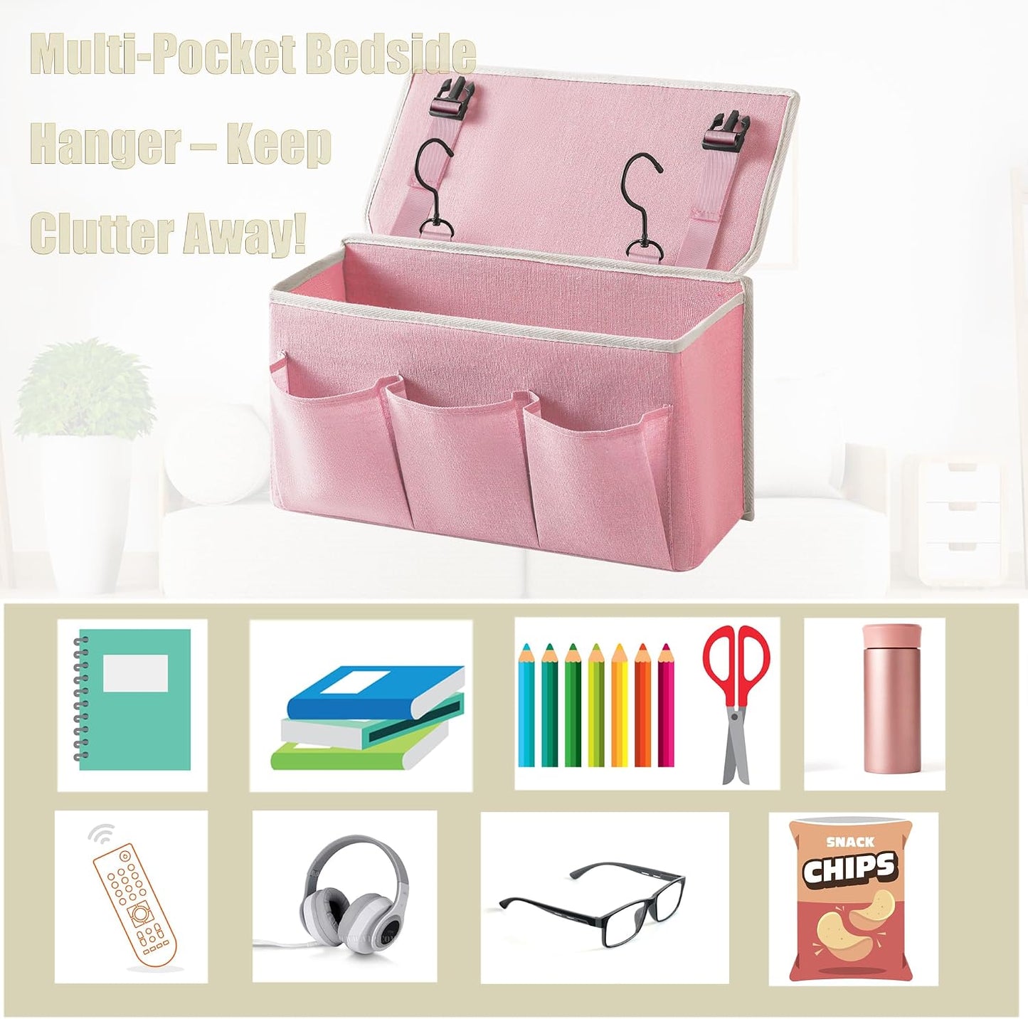Bedside Caddy/Bedside Storage Organizer Hanging Bag with Three Options,Suitable for home beds, sofas, and dormitory beds—can hold magazines, books, phones, iPads, remote controls. (Gray)