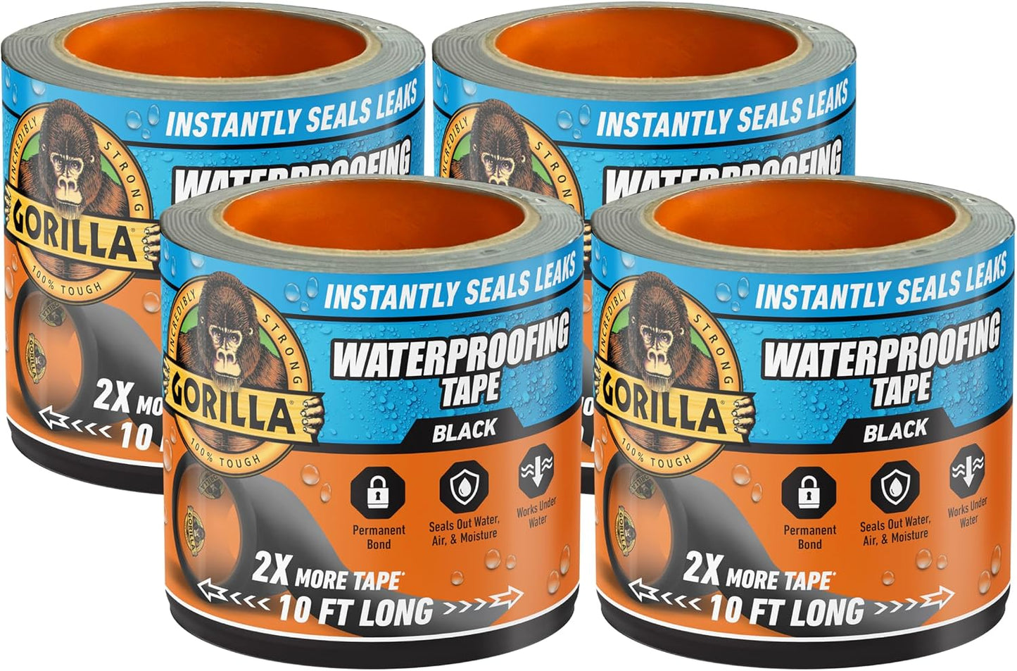 GORILLA Waterproofing Tape, Permanent, Black, 4" x 10', 1-Pack | Weather Resistant Seal for Leaks & Repairs, Air & Moisture Barrier, Bonds Metal, Plastic, Wood, Rubber & Vinyl