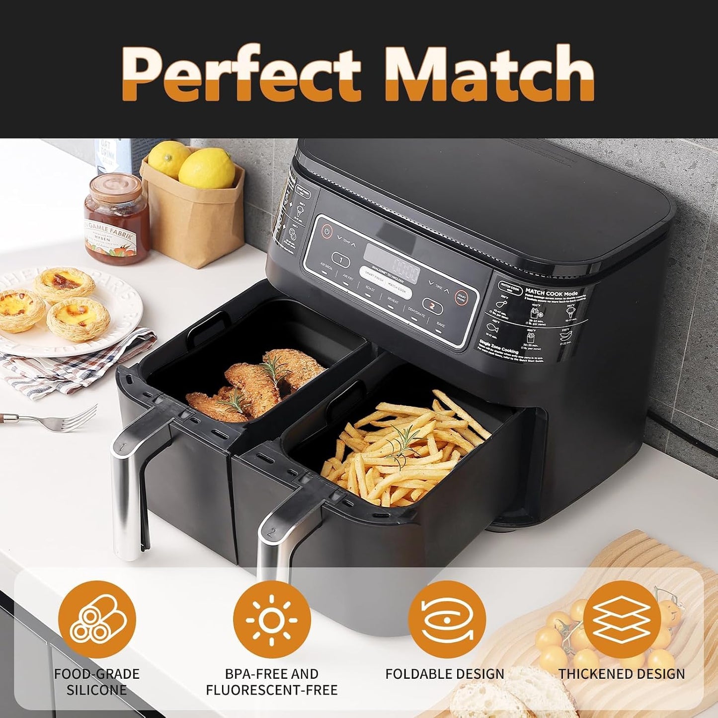 Collapsible Silicone Air Fryer Liners 8QT 10QT Ninja Dual (Gray) | 2 Pack Food Grade Platinum Silicone, Snug Rectangular Fit, Grease Drainage Ridges, Dishwasher Safe, BPA Free Basket Liner