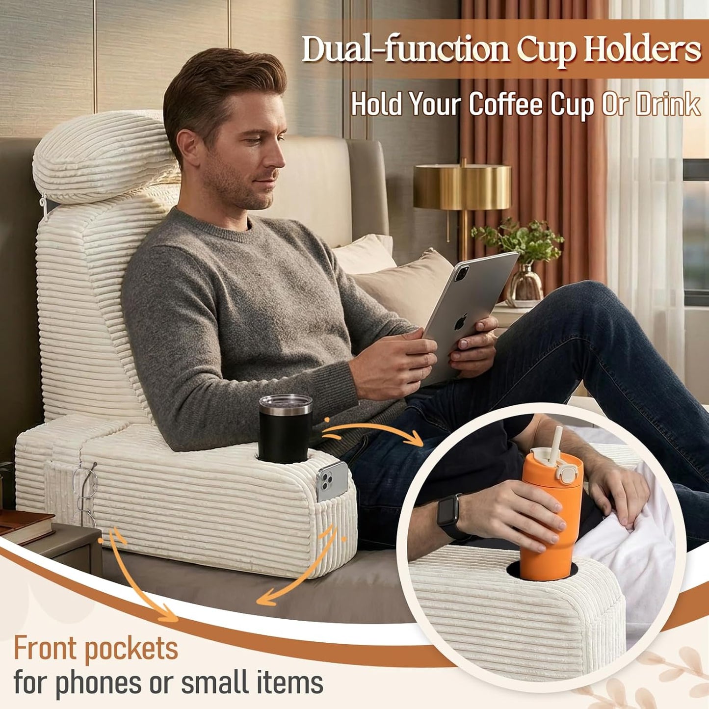 Reading Pillow/Backrest Pillow with Arms, Cup Holder & Phone Pocket | Bed Rest Pillow with Adjustable Headrest, Corduroy Fabric for Back Support in Bed/Sofa/Floor (Off-White, 19 INCH)