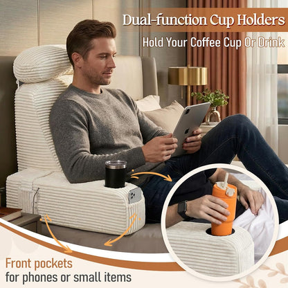 Reading Pillow/Backrest Pillow with Arms, Cup Holder & Phone Pocket