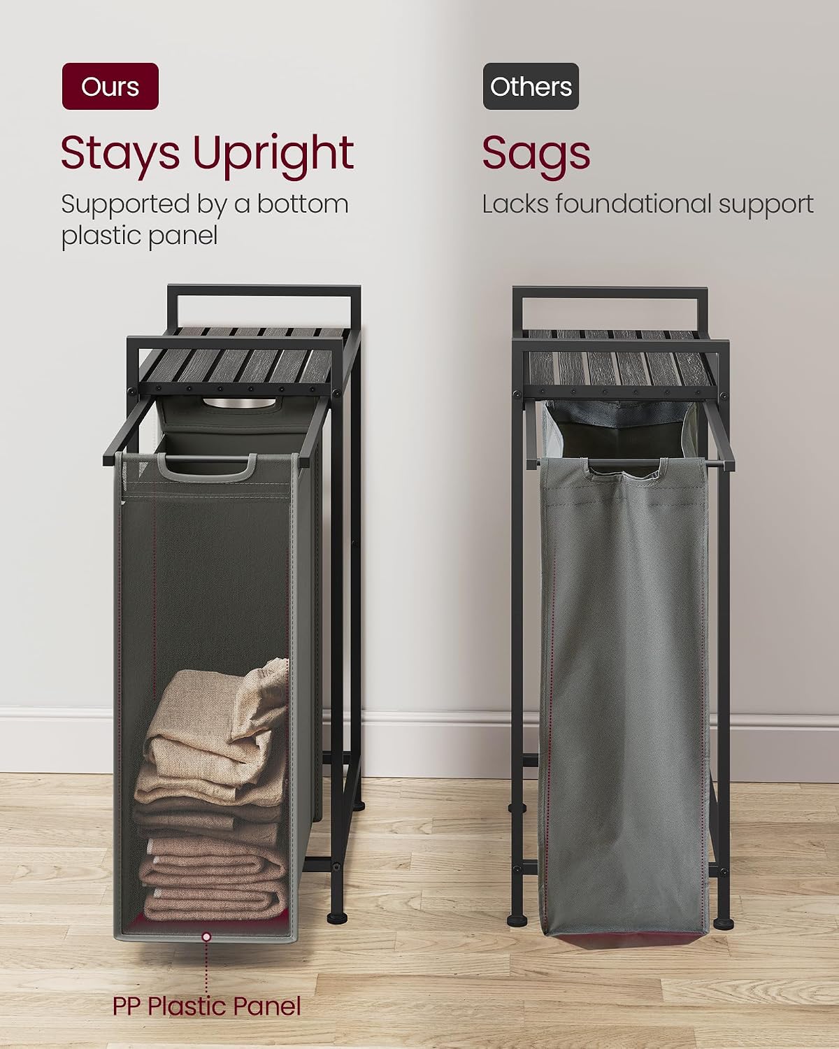 VASAGLE Laundry Sorter, 29 Gal. (110 L) Laundry Hamper Basket with 2 Compartments, Rolling Cart with Wheels, Shelf, Removable Bags, Pockets, Ink Black and Rustic Brown UBLH021B01