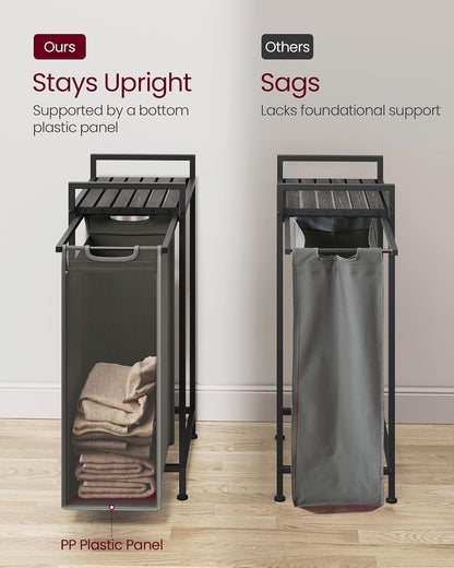 VASAGLE Laundry Sorter, 29 Gal. (110 L) Laundry Hamper Basket with 2 Compartments, Rolling Cart with Wheels, Shelf, Removable Bags, Pockets, Ink Black and Rustic Brown UBLH021B01