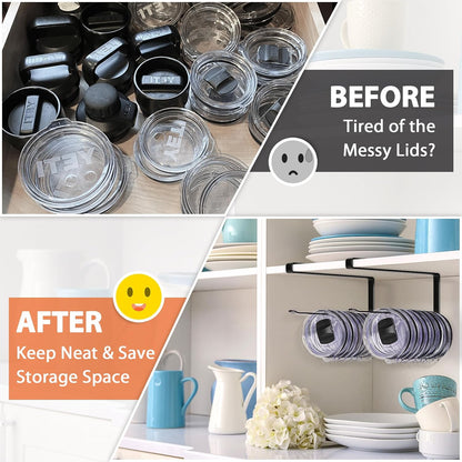 Tumbler Lid Organizer, Versatile Tumbler Lid Storage Holds 10 Lids, Black | Space Saving Cup Lid Organizers Inside Cabinet Tumbler Lid Hook for Kitchen Organizer and Storage, Paper Towel Rack Hanger
