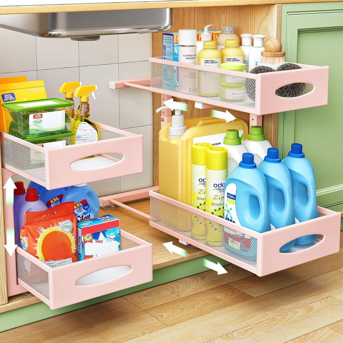 Under Sink Organizer, 2 Tier Pull out Cabinet Organizer Baskets with Mesh Sliding Drawers, Slide out Storage Shelf for Home, Kitchen, Bathroom, Pantry, Office Cabinet, Countertop(1 Pack)