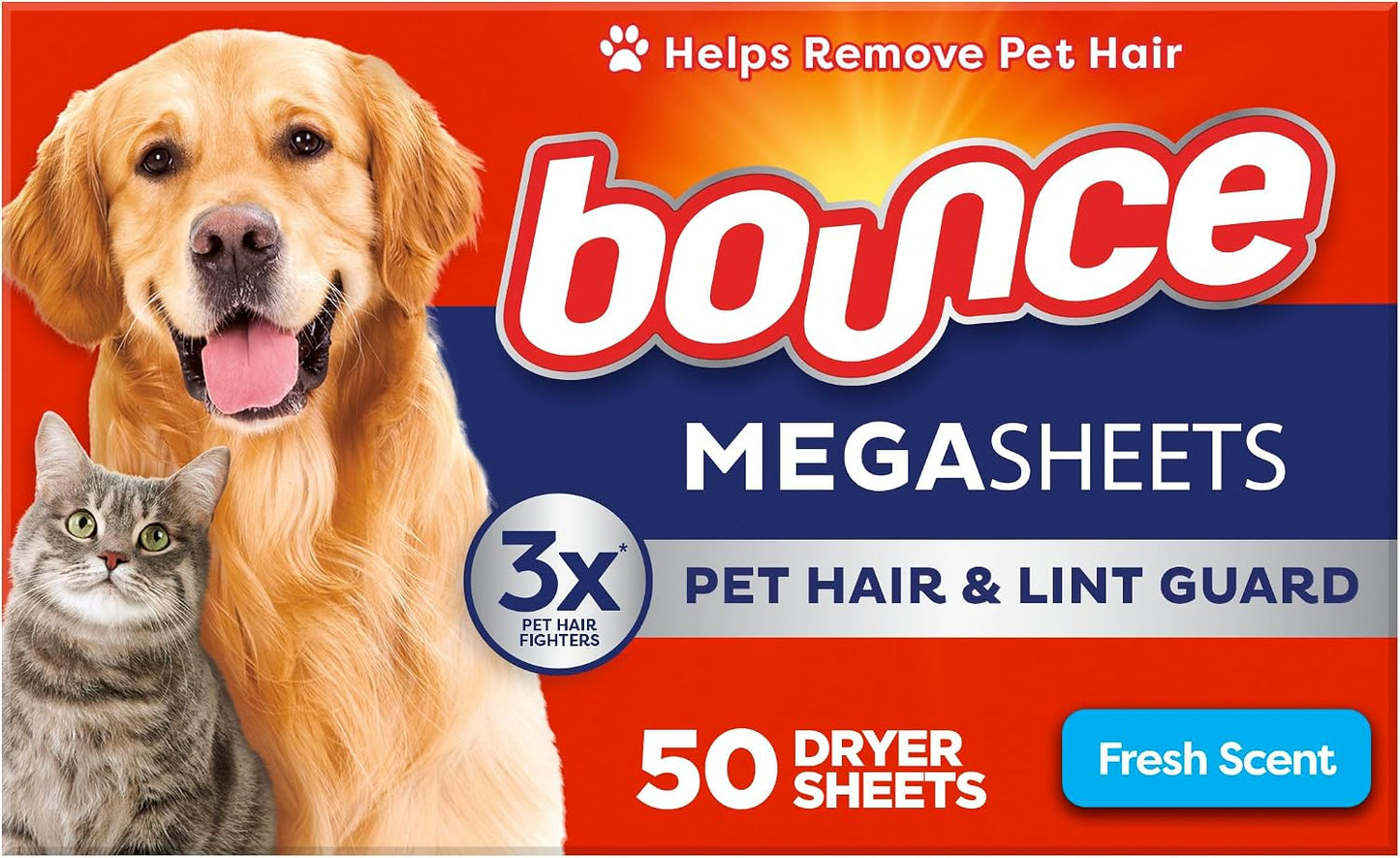Bounce Pet Hair and Lint Guard Mega Dryer Sheets with 3X Pet Hair Fighters, Fresh Scent, 180 Count