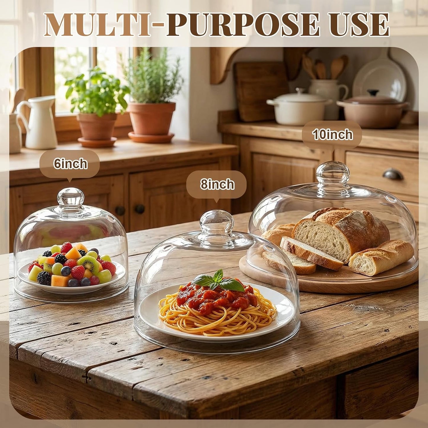 3 Sizes Glass Microwave Splatter Cover for Food, 6/8/10 Inch, Tall Splatter Guard with Basting Brush Oven Mitts Borosilicate Glass Non Toxic Non Plastic with Vent Hole for Food Dishwasher Safe