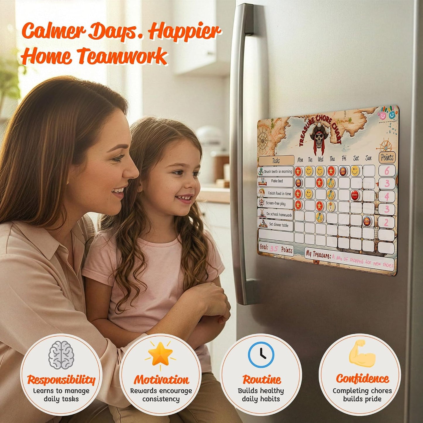 Mimi Doodle Magnetic Chore Chart for Kids – 16x12 Dry Erase Daily Responsibility Board for Fridge with 39 Chore tabs, 100 Reward Stickers – Behavior Chart for Kids at Home – Simple Theme