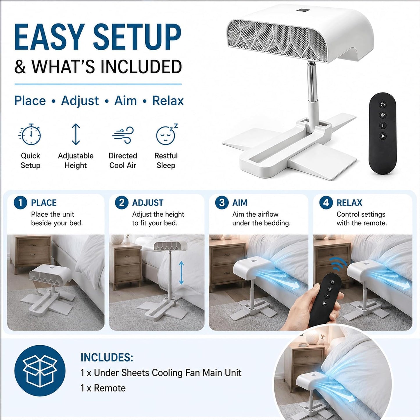 Bed Cooling Fan Under Sheets, Rechargeable Cordless Bed Fan for Hot Sleepers, Under Blanket Airflow Cooling System with Remote, 5 Quiet Speeds, Adjustable Height, USB-C Charging (1PC)