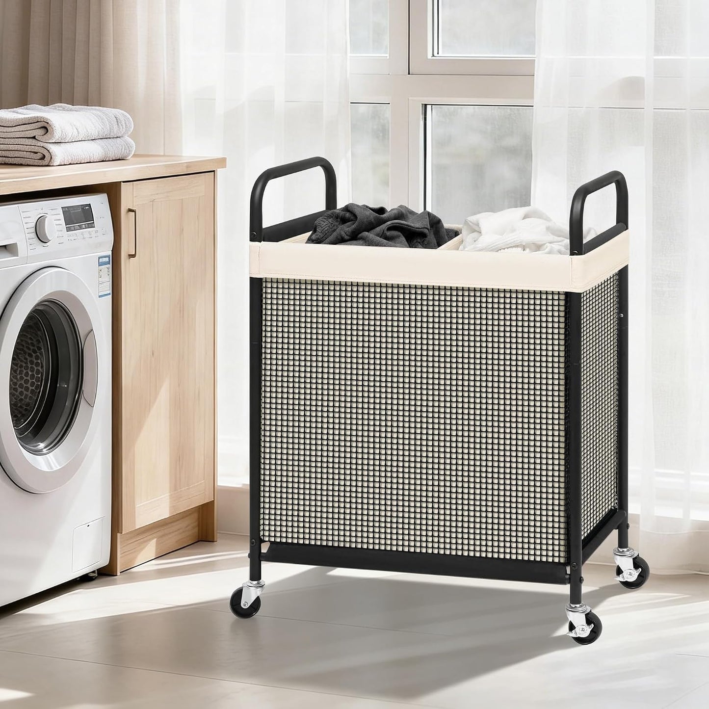 STORAGE MANIAC Rolling Laundry Hamper with Wheels 2-Section Laundry Sorter Rolling Laundrys Basket on Wheels with Removable Bag Clothes Hamper Laundrys Organizer Cart Bathroom Bedroom 100L Beige