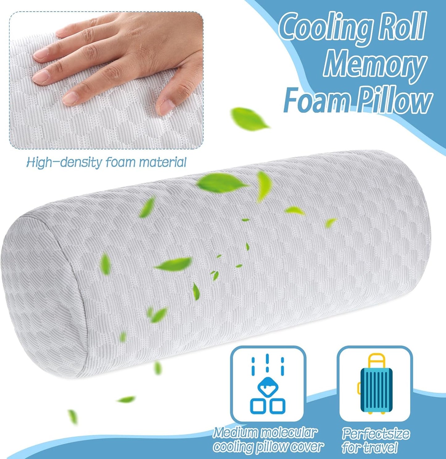 2 Pack Cooling Neck Roll Pillow Memory Foam Round Cylinder Bolster Cervical Round Support Pillow with Washable Breathable Cover for Sleeping Pain Relief
