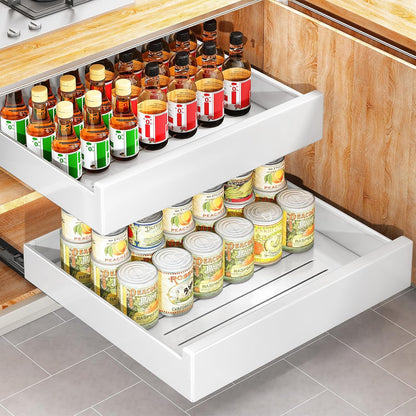 Pull out Cabinet Organizer, 21"Deep, Heavy Duty Full-Extension Slide out Drawers for Kitchen Cabinets with Nano Adhesive, Roll Out Shelf Sliding Cabinet for Pots, Bathroom, Pantry, Under Sink, White