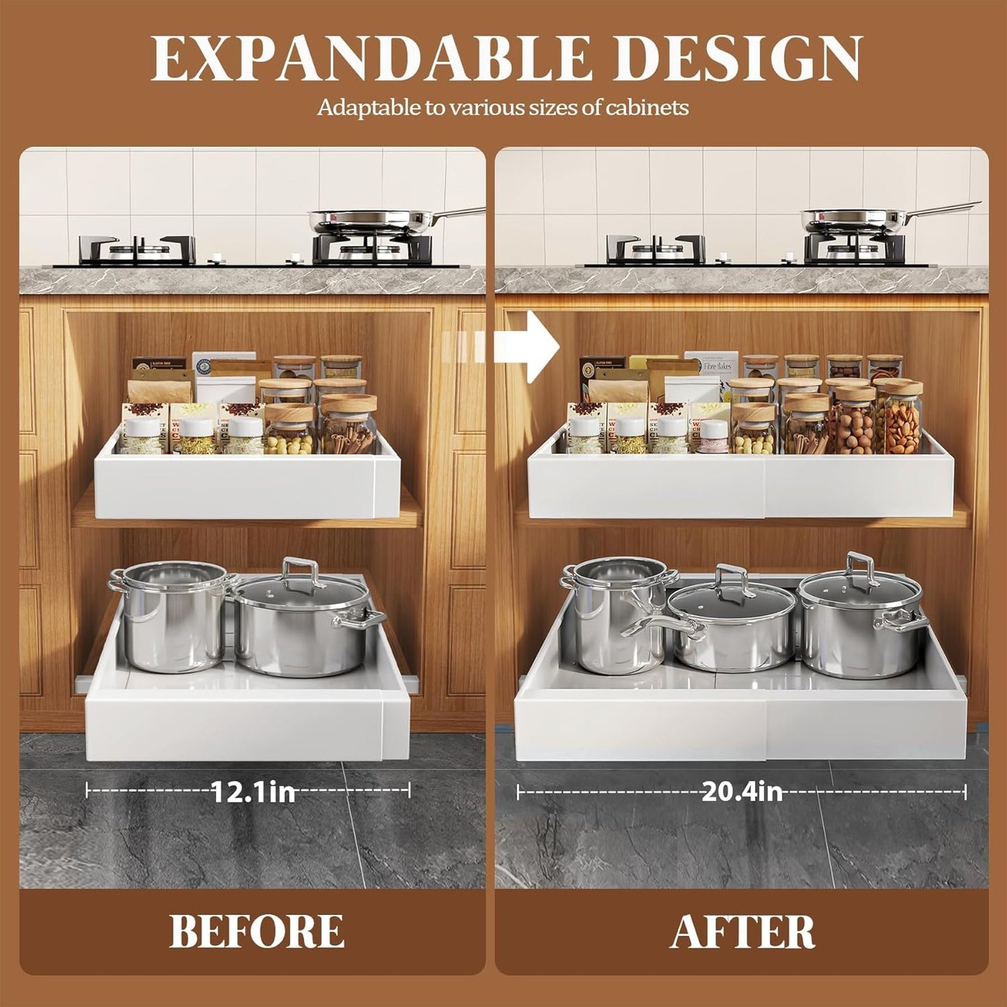 Seinloes 4 Pack Expandable Pull Out Cabinet Organizer 21"Deep With Raising Pad for Framed Cabinets,Upgrade 3 Slide Rails Slide Out Drawers,No Drill Roll Out Shelves,Adjustable Width 12.1"-20.4" White
