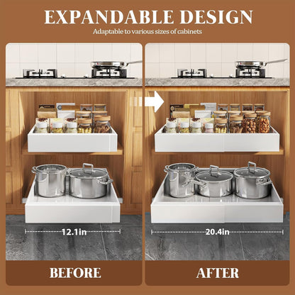 Seinloes 4 Pack Expandable Pull Out Cabinet Organizer 21"Deep With Raising Pad for Framed Cabinets,Upgrade 3 Slide Rails Slide Out Drawers,No Drill Roll Out Shelves,Adjustable Width 12.1"-20.4" White