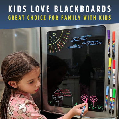 Cute 10"x16" Magnetic Dry-Erase Weekly Menu Blackboard for Kitchen Fridge (with 8 Bright Chalk Markers) & Free Bonus - Grocery/to-Do Lists Board - Daily Dinner Meal Planner Set for Home