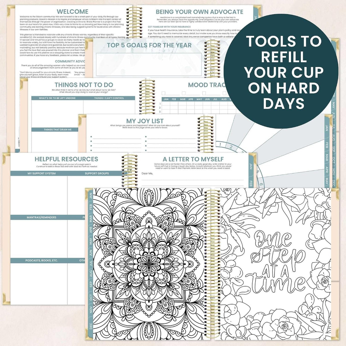 bloom daily planners Undated Chronic Illness Planner & Medical Journal - 12 Month Pain & Symptom Tracker, Mood & Medication Log, Appointment Organizer (7” x 9”) - Chronically Resilient