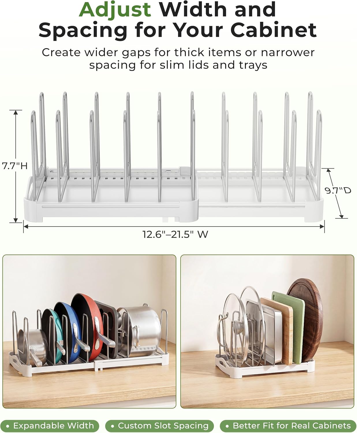 EVERIE Adjustable Cabinet Organizer for Pot Lids, Bakeware, Cookie Sheets & Cutting Boards, Upright Storage Rack for Kitchen Cabinet, Stable Dividers, 9.7" Deep, 12.6" to 21.5" Wide, GS02SS | 5mm Steel Dividers, Anti-Wobble, M-Slot for Lid Handles,