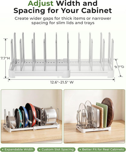 EVERIE Adjustable Cabinet Organizer for Pot Lids, Bakeware, Cookie Sheets & Cutting Boards, Upright Storage Rack for Kitchen Cabinet, Stable Dividers, 9.7" Deep, 12.6" to 21.5" Wide, GS02SS | 5mm Steel Dividers, Anti-Wobble, M-Slot for Lid Handles,