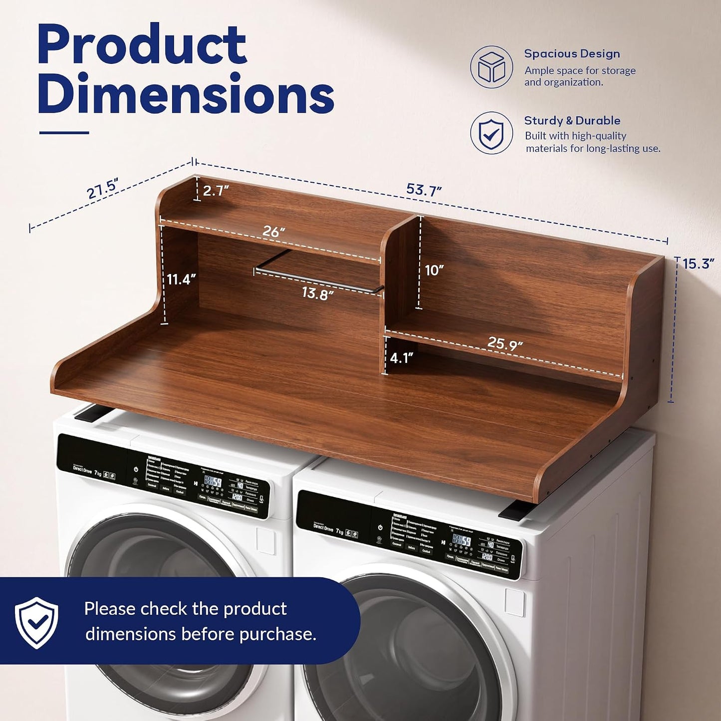 DTK Washer Dryer Wood Countertop with Shelf, Laundry Topper with Non-Slip Mat,27.55" Depth x 54" Width Dryer Covers for The Top with Edge Rails, Black