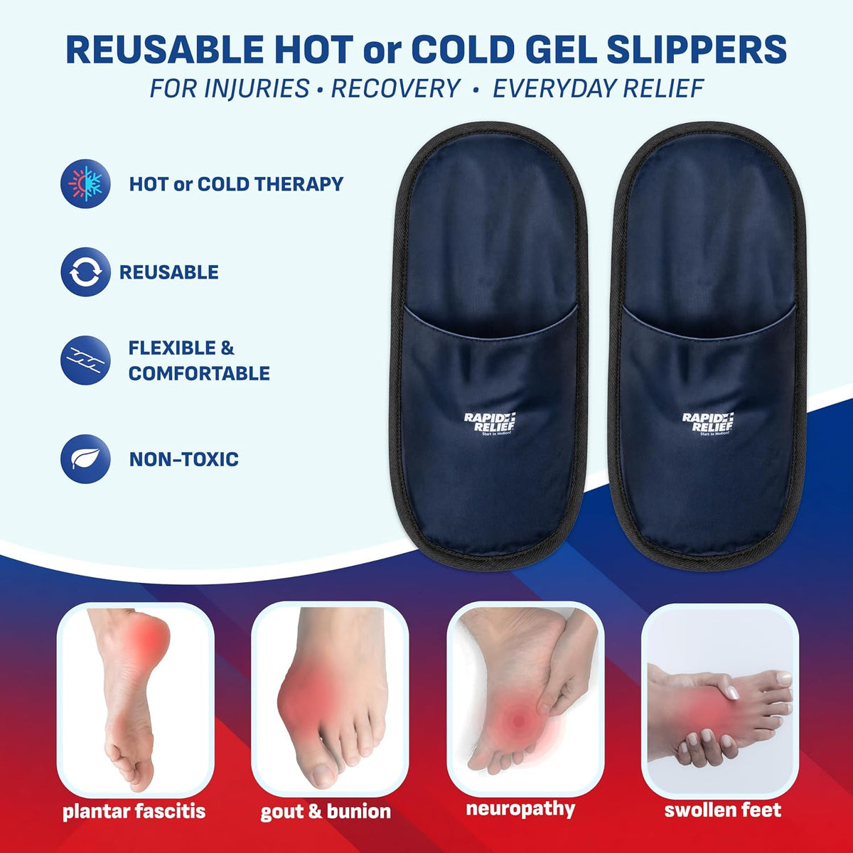 Rapid Relief Foot Ice Pack Slippers, 1 Pair for Feet & Toe Pain Relief