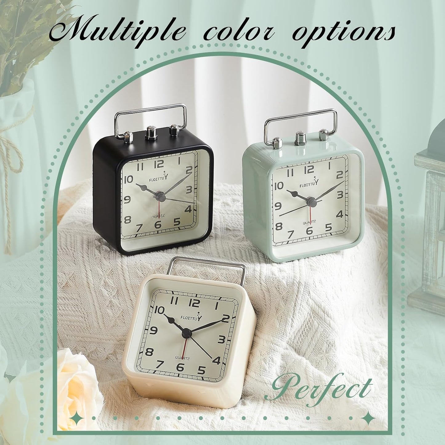 FLOITTUY Square Metal Beep Alarm Clock Silent No Ticking, Snooze and Battery Operated, Night Light and Desk Clock for Bedroom/Travel/Kids, Easy Set(Green)