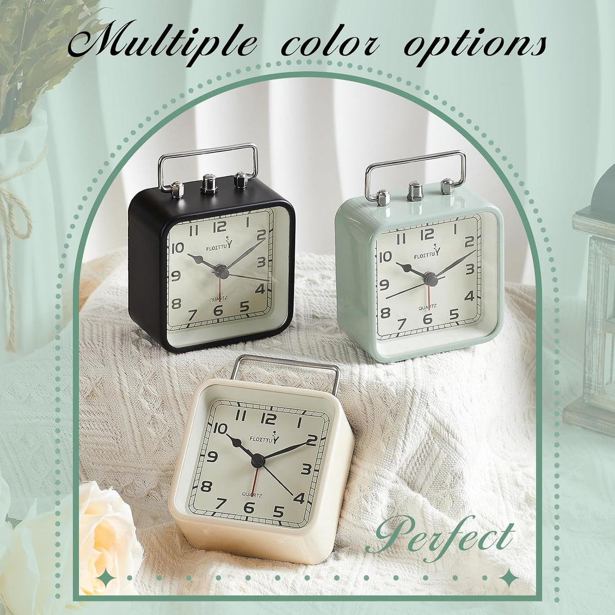 FLOITTUY Square Metal Beep Alarm Clock Silent No Ticking, Snooze and Battery Operated, Night Light and Desk Clock for Bedroom/Travel/Kids, Easy Set(Green)