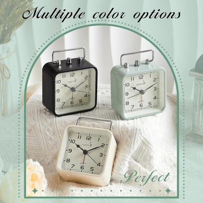 FLOITTUY Square Metal Beep Alarm Clock Silent No Ticking, Snooze and Battery Operated, Night Light and Desk Clock for Bedroom/Travel/Kids, Easy Set(Green)