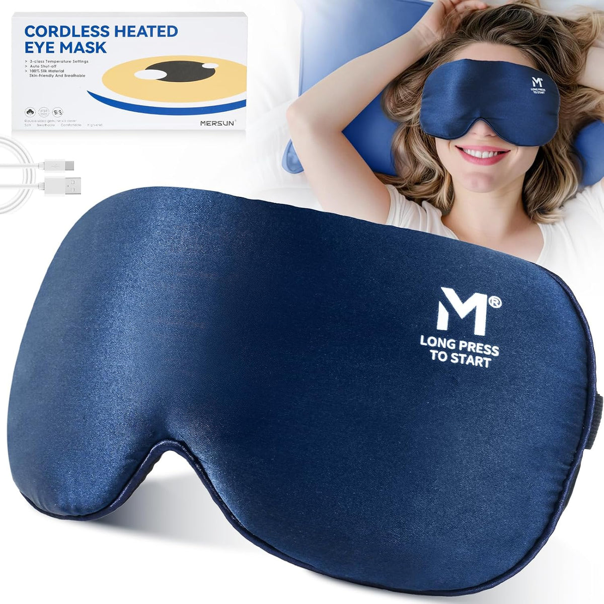 Silk Cordless Heated Eye Mask, Washable Heat Eye Compress for Dry Eye Electric Eye Heating Pad Warm Eye Mask for Eye Fatigue Stye Sinus Blepharitis MGD Gifts for Men Women - MerSun