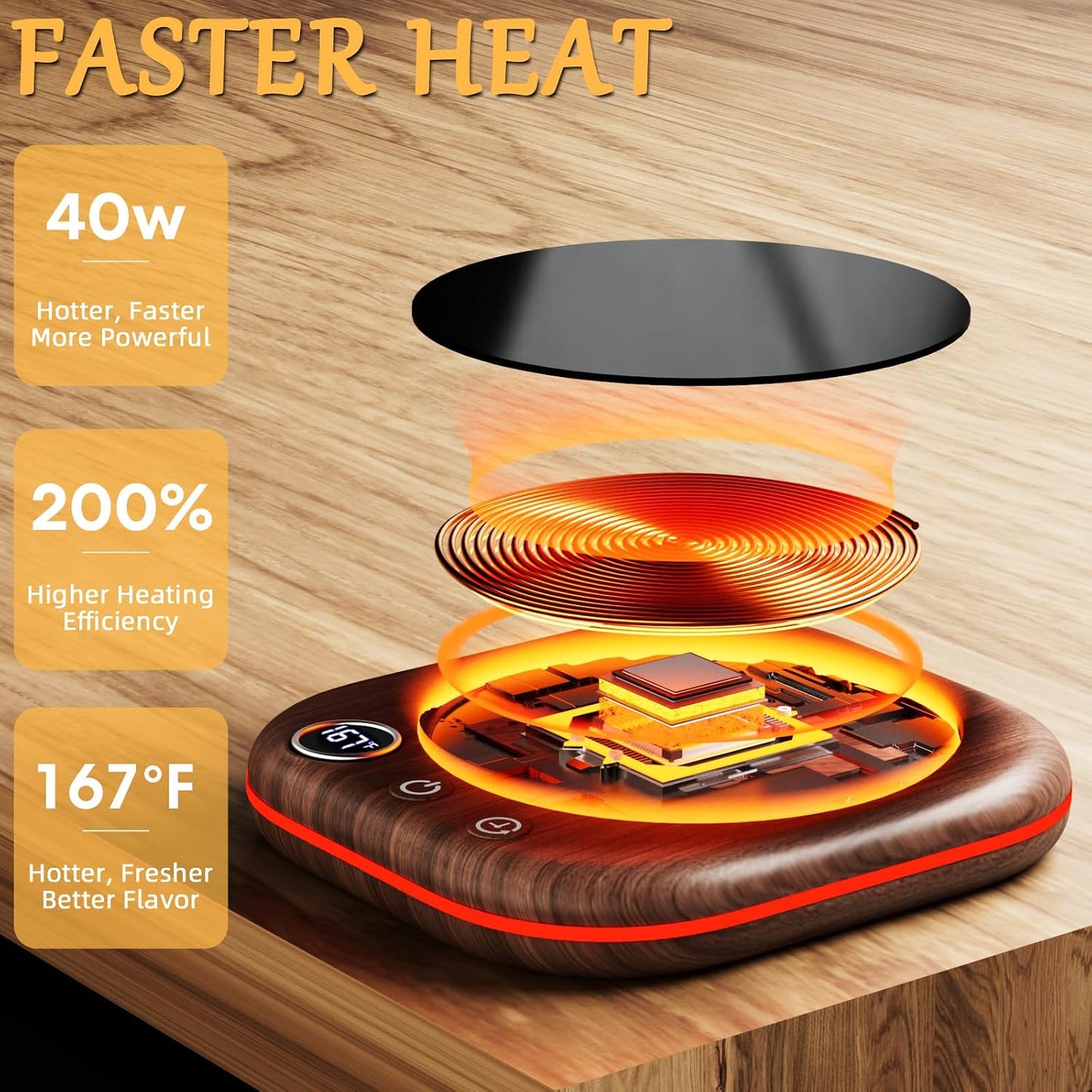 Mug Warmer Upgraded,Coffee Mug Warmer for Desk LEDs Light 3 Temp Settings (113-167°F) 1-12H Timer 4 H Auto Shut Off Beverage Cup Candle Warmer for Coffee Tea Milk(Wood Grain)