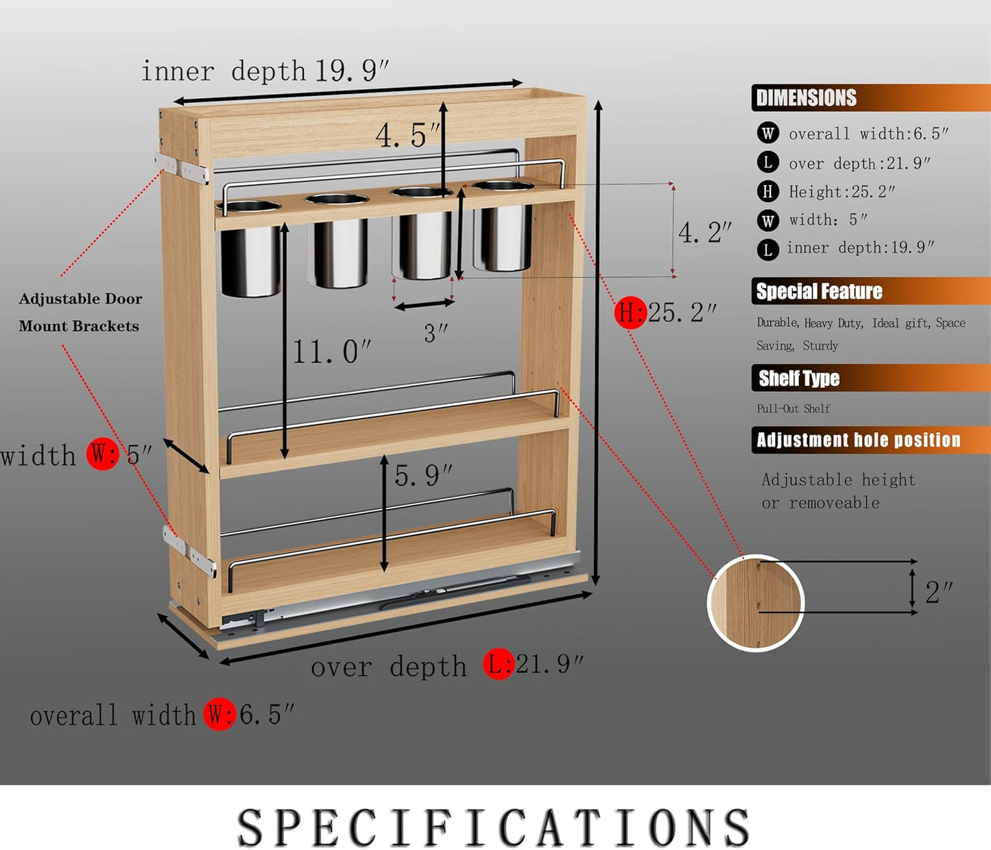 DINDON Pull Out Spice Rack Organizer for Cabinet, (5" W x 21.9" D x 25.2" H) Multi-Use Wood Pull Out Cabinet Organizer Slide Out Shelf Cabinet Storage for Kitchen, Pantry Organization