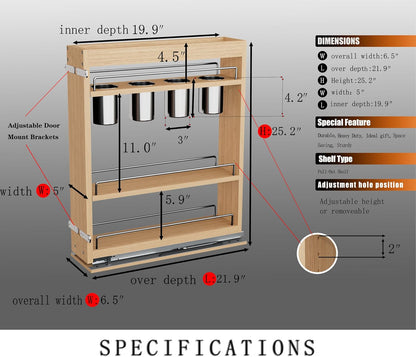 DINDON Pull Out Spice Rack Organizer for Cabinet, (5" W x 21.9" D x 25.2" H) Multi-Use Wood Pull Out Cabinet Organizer Slide Out Shelf Cabinet Storage for Kitchen, Pantry Organization