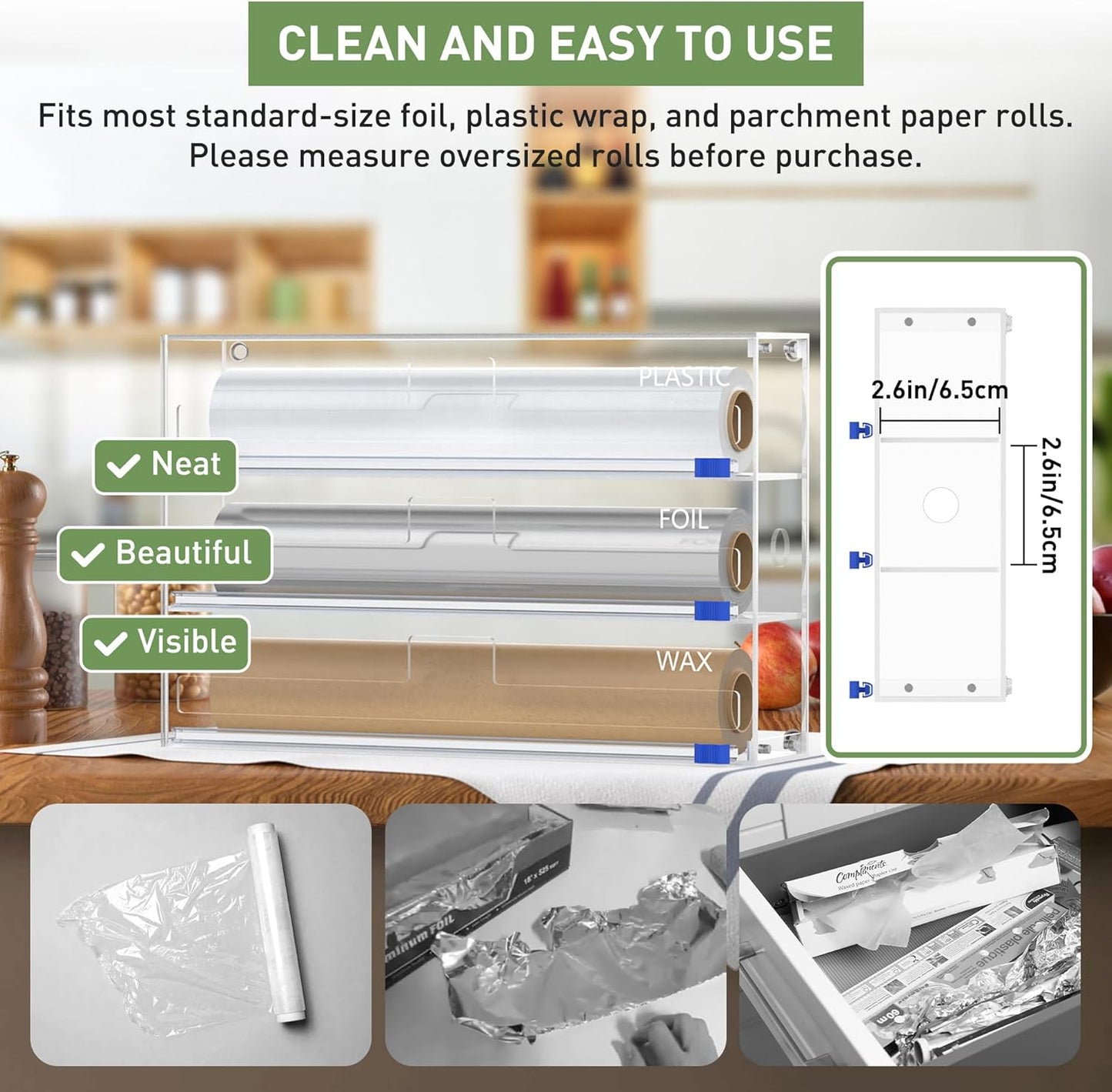 3 in 1 Clear Acrylic Foil, Plastic Wrap Organizer with Cutter | Kitchen Storage, Aluminum Foil Dispenser, Wax Paper Holder, For Drawer or Wall Mount, Fits 12 Inch Roll