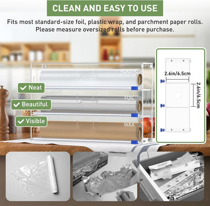 3 in 1 Clear Acrylic Foil, Plastic Wrap Organizer with Cutter | Kitchen Storage, Aluminum Foil Dispenser, Wax Paper Holder, For Drawer or Wall Mount, Fits 12 Inch Roll