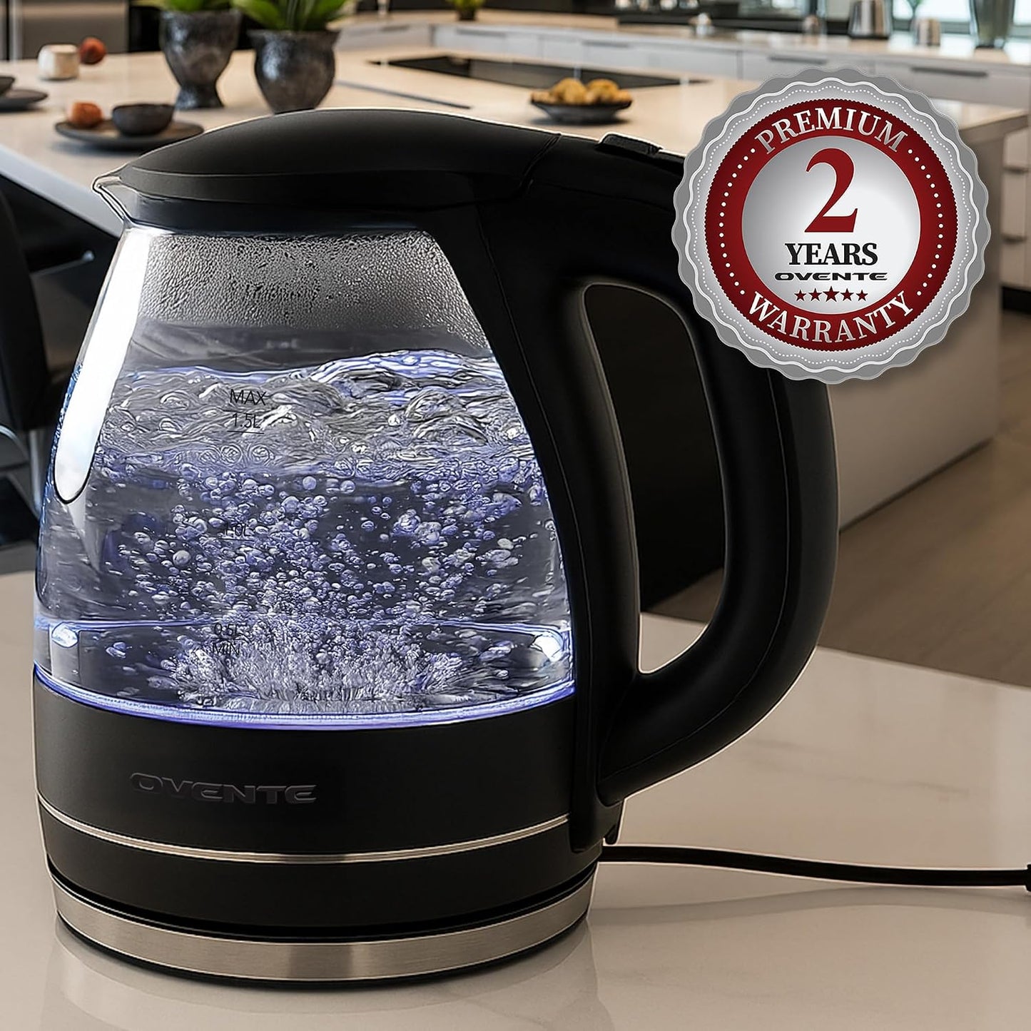 OVENTE 1.5L Glass Electric Kettle Water Boiler, Black KG83B | 1100W Fast Boiling, Borosilicate Glass, BPA-Free, Blue LED, Auto Shut-Off, Boil-Dry Protection, Removable Filter, 360° Base